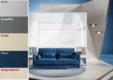 Modern white gloss double vertical wall bed set with side cabinets and sofa, shown with a luxury fabric swatch selection.