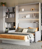 Perspective view of an open double horizontal wall bed in white matt finish, highlighting the built-in sofa below and custom side storage units.