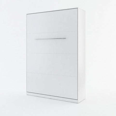 Closed double vertical wall bed in clean white matt finish, presenting as a sleek space-saving wardrobe with metal handles