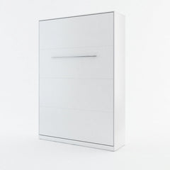 Closed double vertical wall bed in clean white matt finish, presenting as a sleek space-saving wardrobe with metal handles