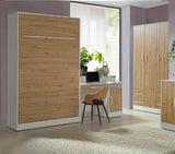 Wall bed wardrobe combo set, closed wall bed cabinet with oak fronts (natural oak pattern), white handles, and a white 3-door wardrobe structure