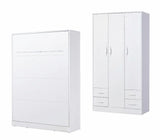 Modern 2-in-1 space-saving furniture set: A white 3-door wardrobe and a closed wall bed cabinet with white fronts and matching white handles, frontal view.