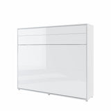 Closed horizontal folding bed in king size with luxury white gloss front panels, a perfect space-saving solution