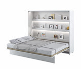 Open king size horizontal wall bed in white matt, showing the unfolded bed frame and practical interior storage shelves