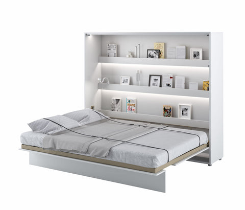 Open king size horizontal wall bed in white matt, showing the unfolded bed frame and practical interior storage shelves