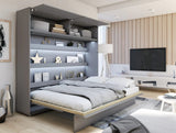 Open grey king size horizontal wall bed with overhead top cabinet, showcasing the unfolded bed frame alongside practical storage spaces