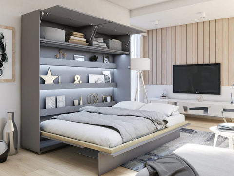 Open grey king size horizontal wall bed with overhead top cabinet, showcasing the unfolded bed frame alongside practical storage spaces