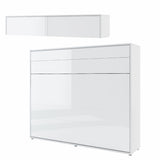 Closed white gloss horizontal king size wall bed unit shown with matching top storage cabinet, forming a complete minimalist wardrobe wall