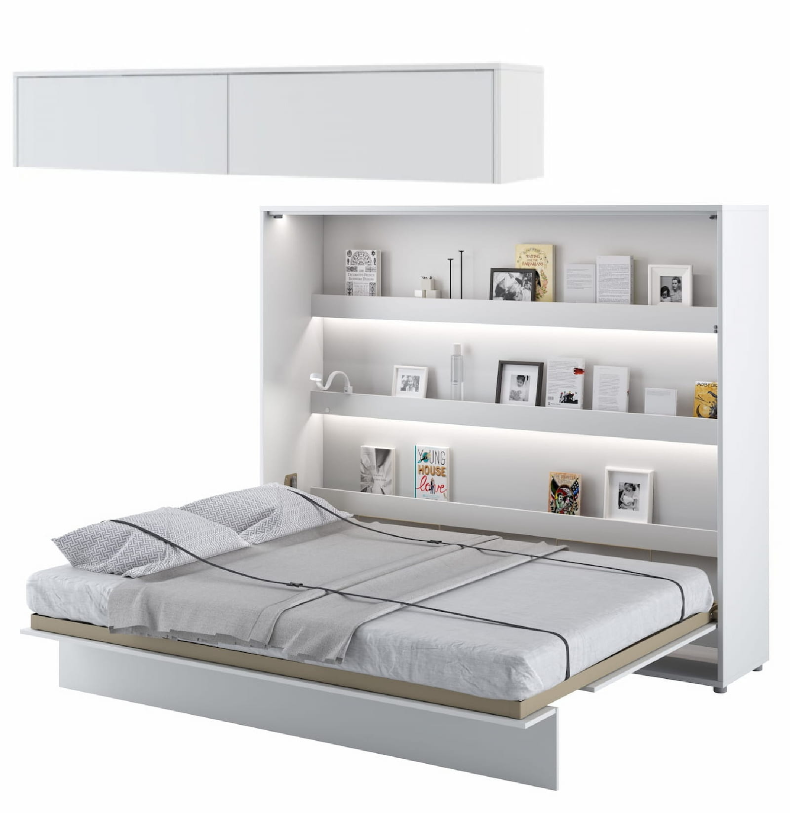 Open white matt horizontal king size wall bed unit shown with matching top storage cabinet, forming a complete minimalist wardrobe wall