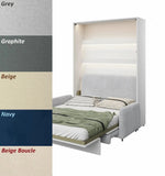 Glossy white king size vertical wall bed panel shown next to 5 distinct fabric color options for the customizable upholstered sofa.