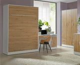A dual-tone King Size vertical wall bed featuring a clean white carcass paired with natural oak finish front panels and white metal handles, shown closed.