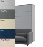 Modern grey king size vertical wall bed frame color swatch combined with a selection of 5 upholstered sofa fabric samples.