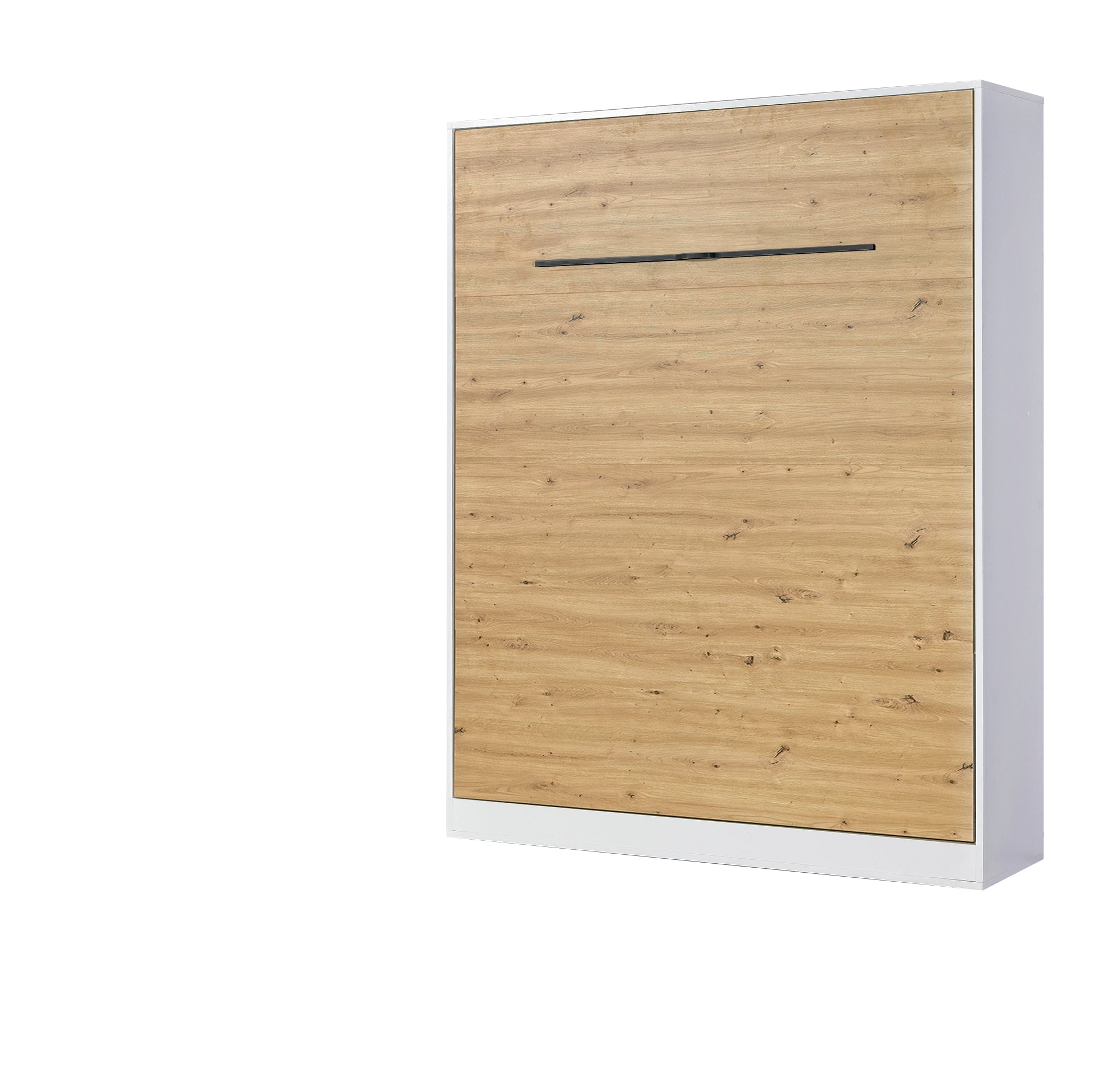 King size vertical wall bed – oak finish, black metal handles, space-saving design