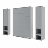 Contemporary Grey double vertical wall bed set with side storage wardrobes and drawers, shown closed. Multi-functional furniture for modern interiors.