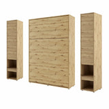 Oak Artisan double vertical wall bed flanked by side storage cabinets with drawers, closed view. Natural wood effect space-saving unit.