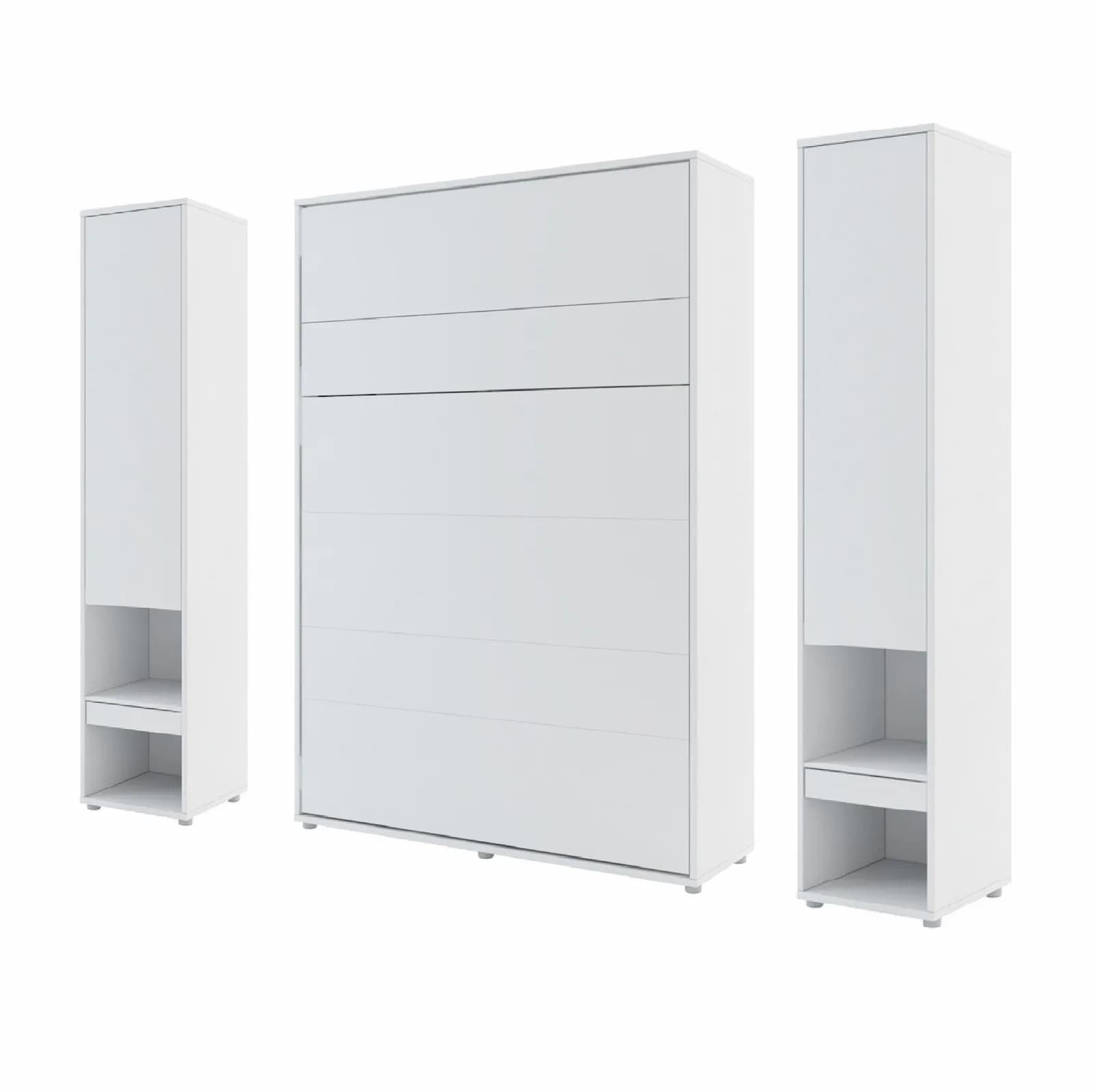 Double vertical wall bed with side storage cabinets and drawers, White Matt finish, shown closed. Smart space-saving furniture set for UK homes.