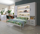 Open white double vertical Murphy bed with storage shelves, flanked by matching side cabinets with drawers and black handles for modern UK bedrooms.