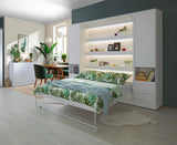 Open double vertical wall bed in white finish showing internal shelving, paired with side storage cabinets with drawers and white handles. Features smooth gas lift mechanism.