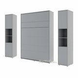 Sleek Grey double vertical wall bed with side wardrobe cabinets, shown closed. Smart space-saving storage solution for modern interiors.