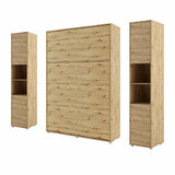 Oak Artisan double vertical wall bed with side storage cabinets, closed view. Natural wood look folding bed set for compact bedrooms.