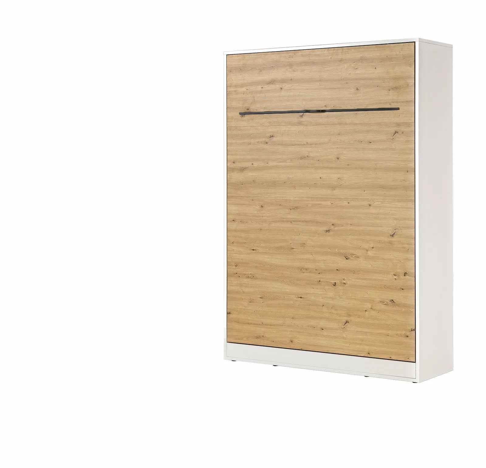 Double vertical wall bed with white outer frame and oak finish front, accented by modern black metal handles, shown closed.