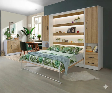 Open vertical double wall bed with integrated shelves, white outer frame, and oak finish front, shown with matching side cabinets with drawers and black handles.