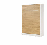 Double vertical wall bed with a clean white body and natural oak finish front, paired with elegant white metal handles, closed view.