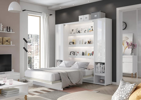 Double vertical Murphy bed in White Gloss finish, open view with integrated shelves and side storage units with drawer
