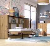 single wall bed, horizontal, pull-down bed, Murphy bed, fold-down bed, transforming bed, hidden bed, marmell, oak, white, white handles, open