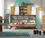 single wall bed, horizontal, wall bed with top cabinet, Murphy bed, fold-down bed, transforming bed, hidden bed, marmell, oak, white, white handles