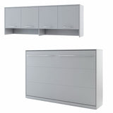 Minimalist grey horizontal wall bed in small double size including a top cabinet system for maximised vertical storage