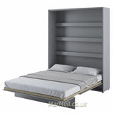 Open super king size vertical wall bed in sleek contemporary grey, featuring practical internal bedding straps and shelves