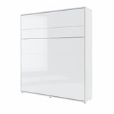 Closed folding Murphy bed in super king size with luxury white gloss front panels, transforming into a contemporary cabinet
