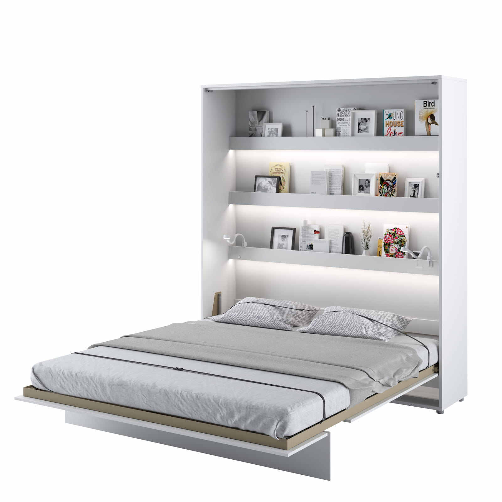 Open super king size vertical wall bed in white matt, showing the unfolded double bed frame and practical interior storage shelves