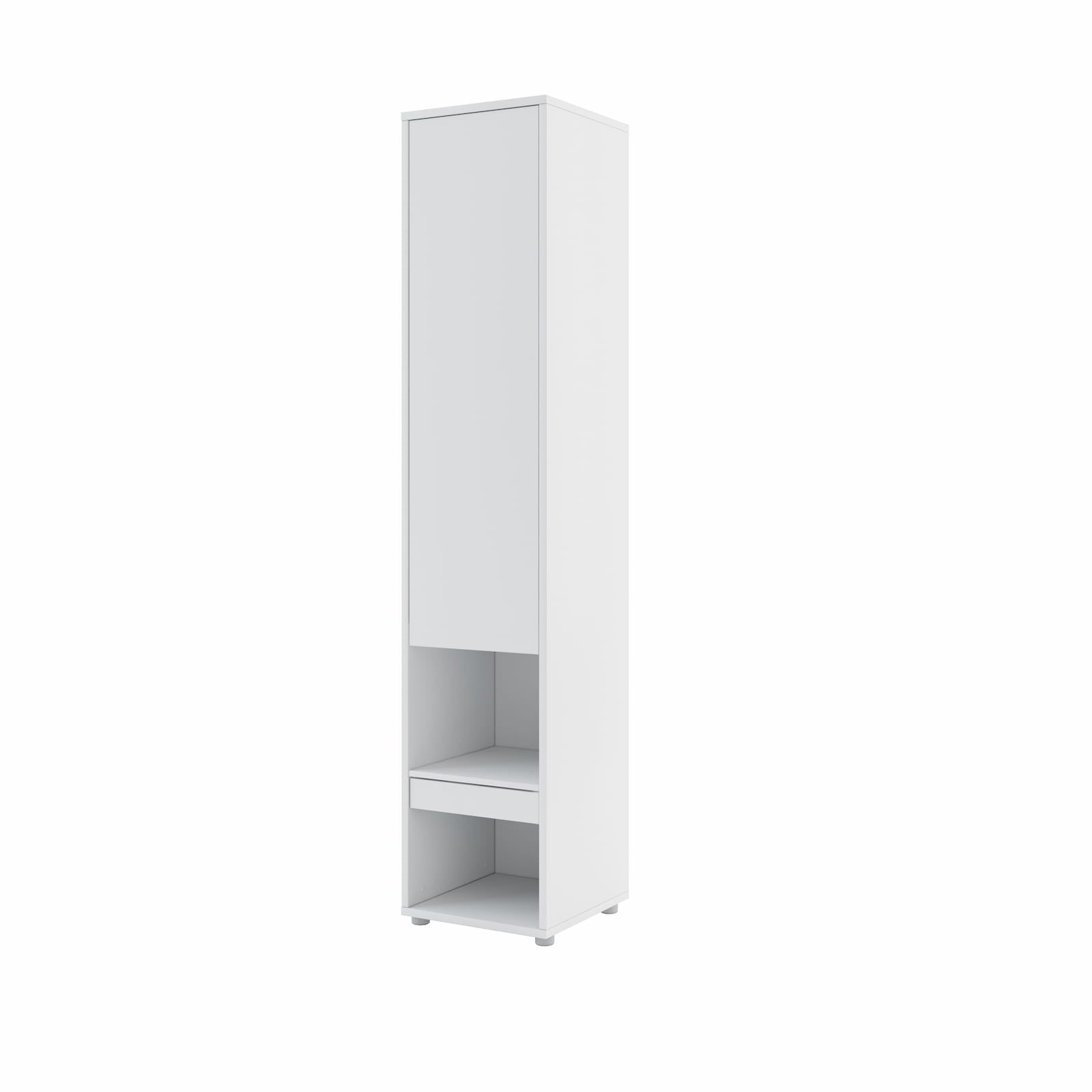 Tall wall bed side cabinet in White finish with upper door closed and integrated pull-out bedside table.