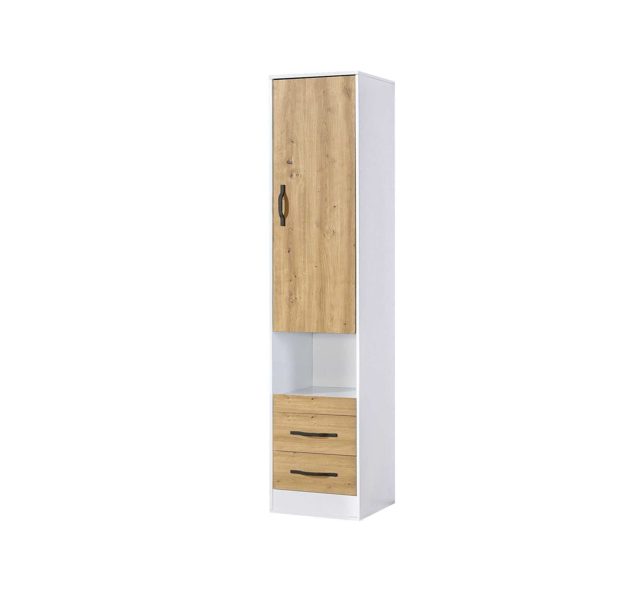 Side tall cabinet – oak finish, black metal handle, slim design for wall bed sets