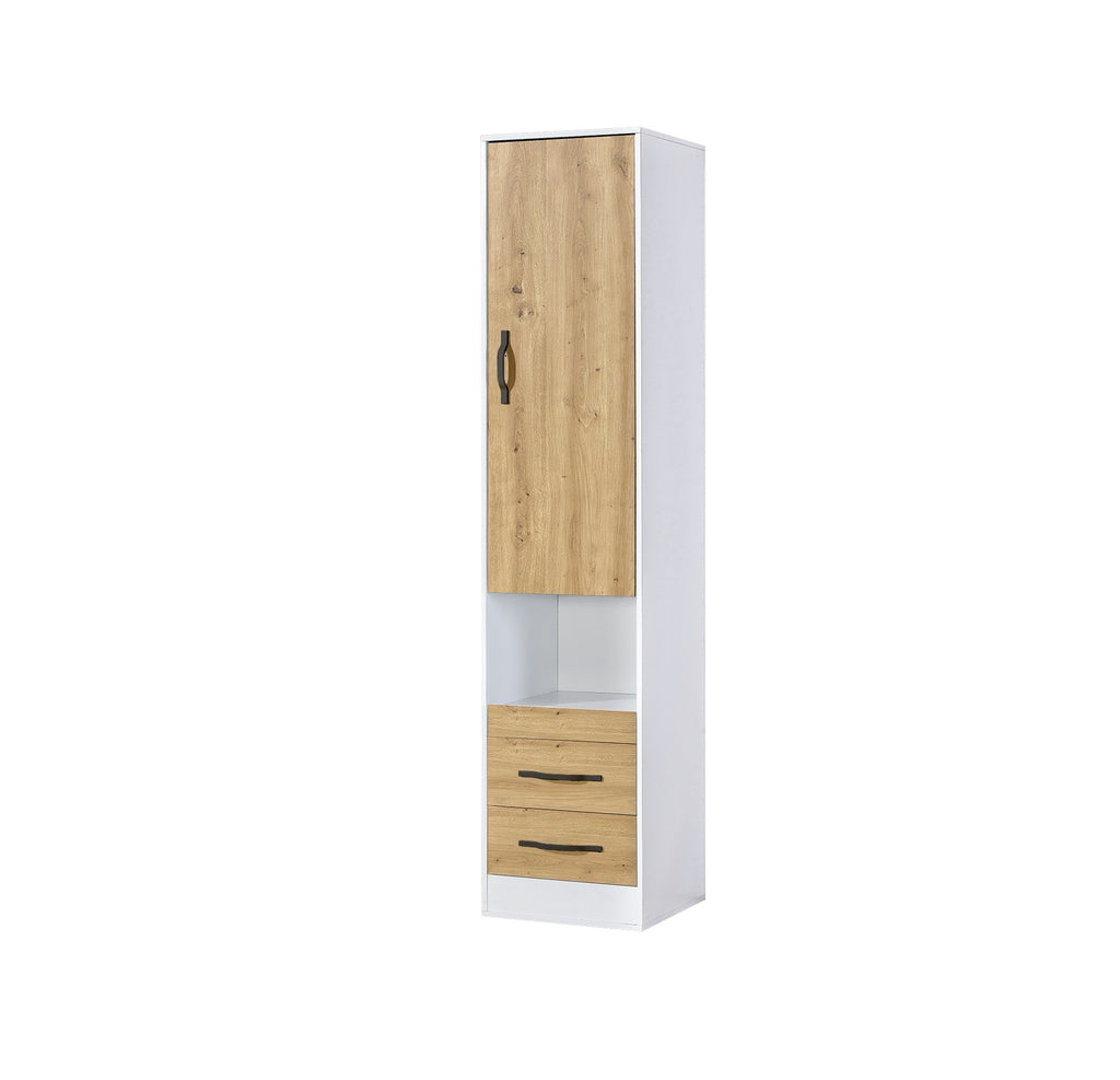 Side tall cabinet – oak finish, black metal handle, slim design for wall bed sets