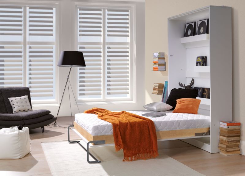 vertical double wall bed with cabinets white folding down bed Murphy bed fold away bed hidden bed space saving bed convertible bed marmell opened
