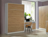 wall bed 140, vertical wall bed with cabinets, Murphy bed, foling down bed, transforming bed, hidden bed, marmell, oak, white handles, close