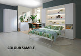 wall bed 140, vertical wall bed with cabinets, Murphy bed, foling down bed, transforming bed, hidden bed, marmell, white, open