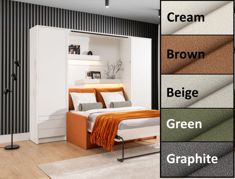 Double Vertical Wall Bed with Sofa, LED Lighting and 2 Side Cabinets ST