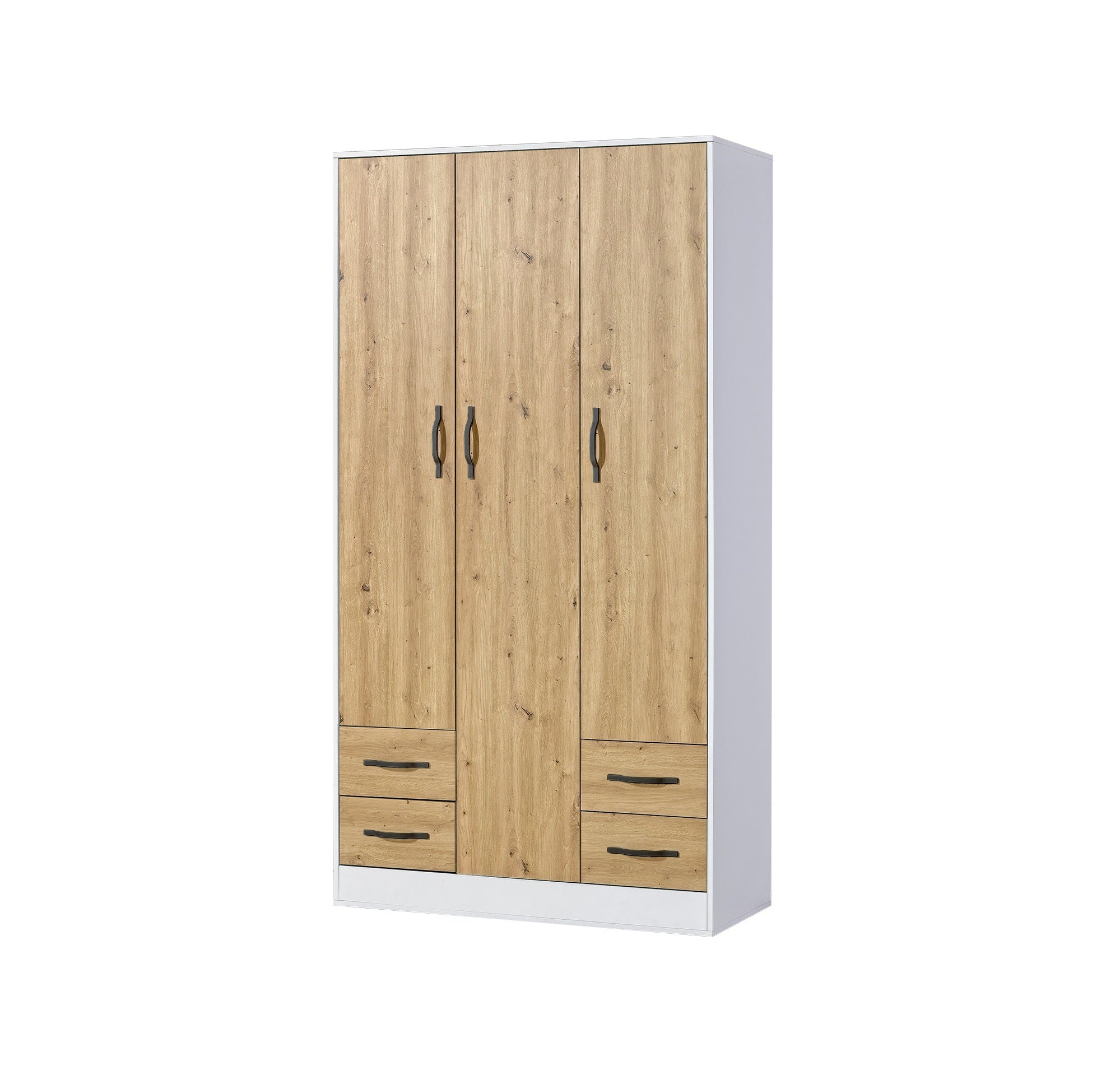 3-door wardrobe – oak front with black metal handles
