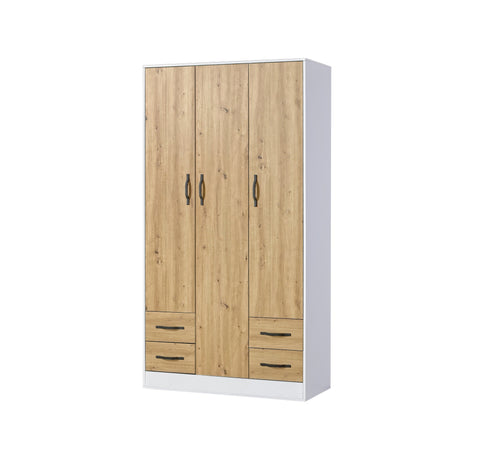 wardrobe 120, 3-door wardrobe, cabinet, storage, oak, black handles marmell
