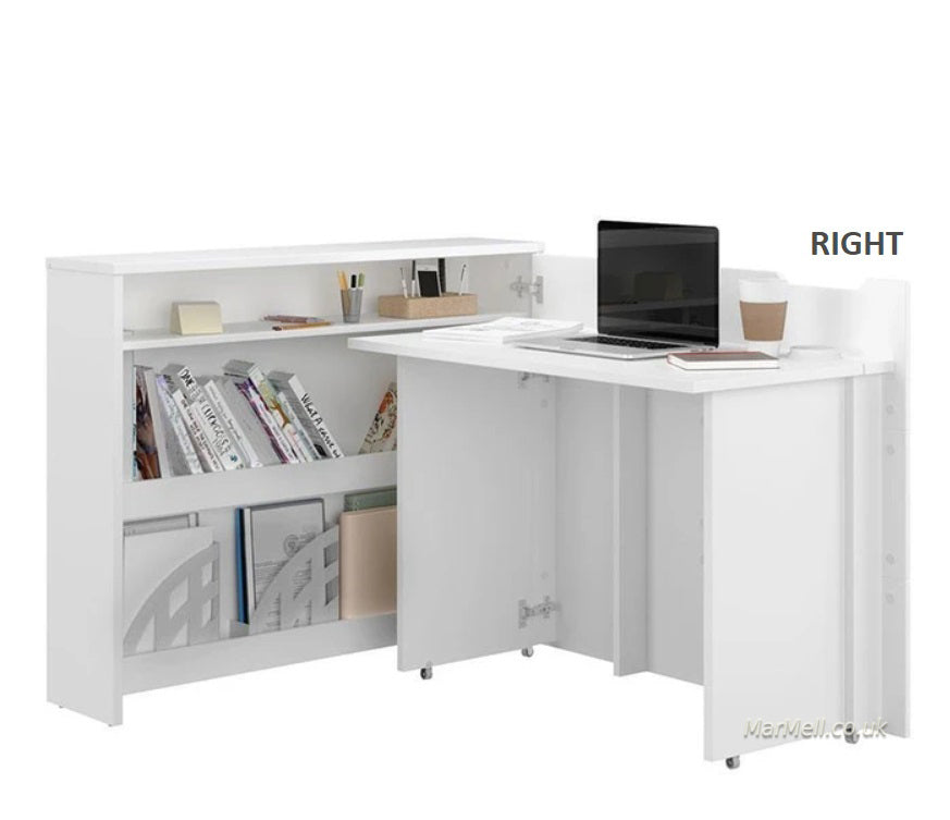 Convertible Hidden Desk With Storage, Folding Desk Space saving desk right, white, marmell