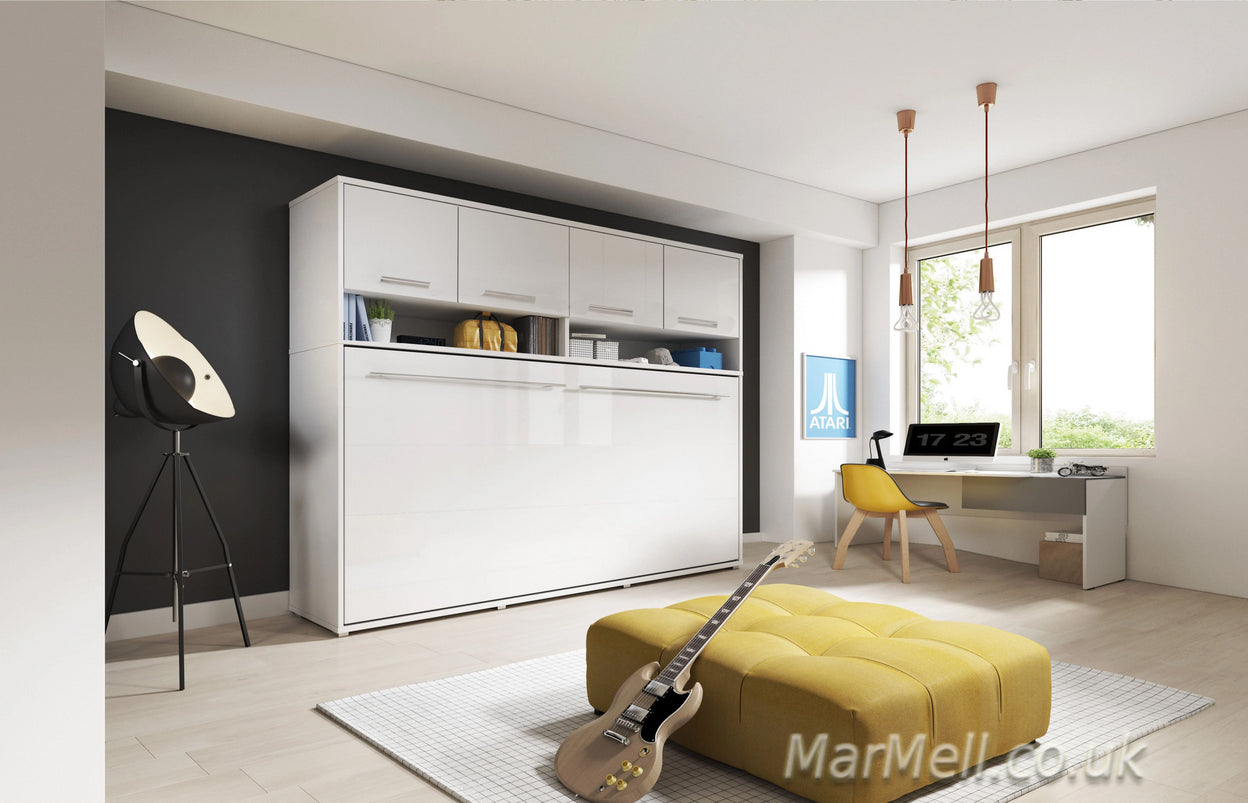 Small double horizontal wall bed with top cabinet – White Matt finish, closed position, spring mechanism and handles visible