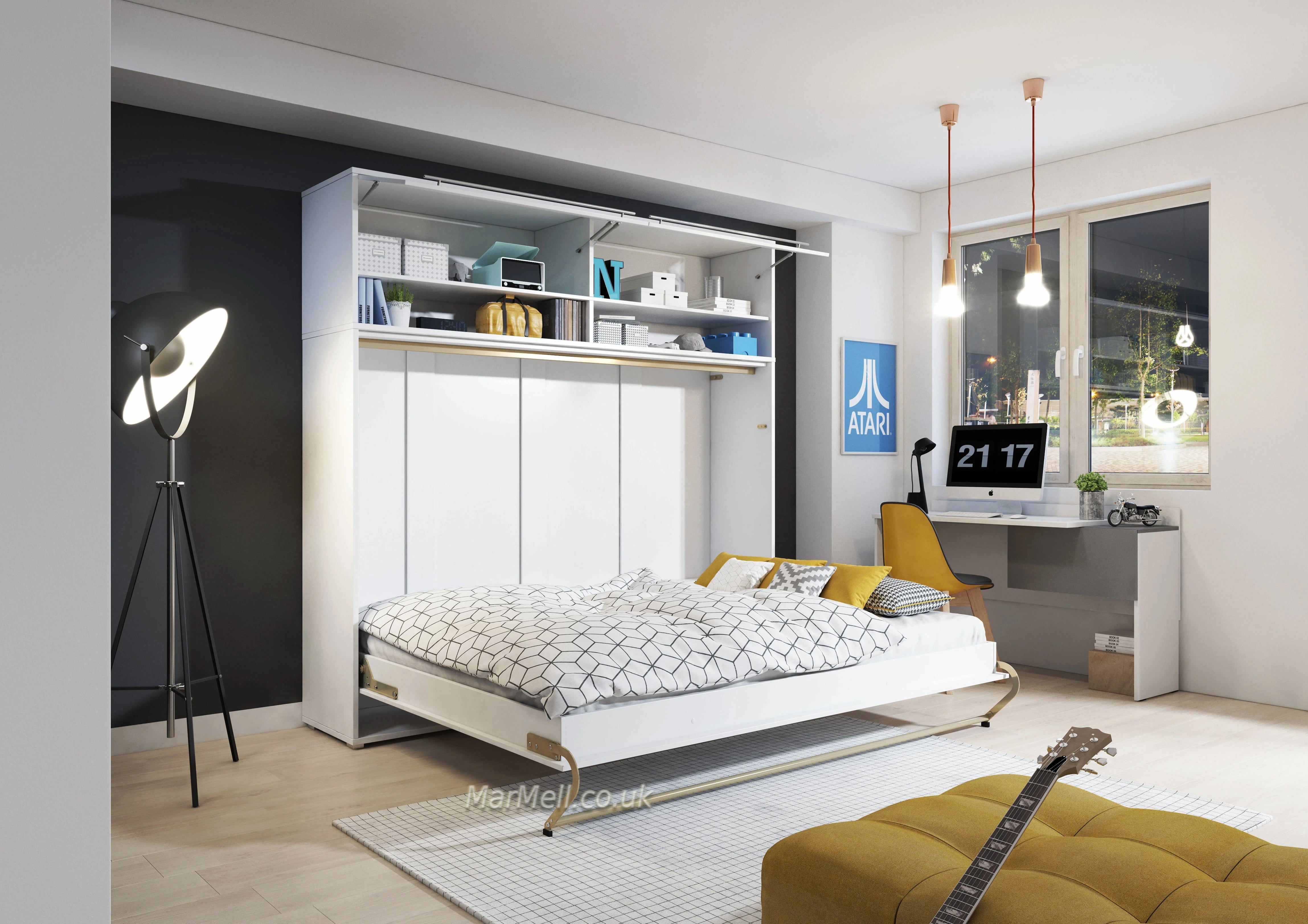 Wall bed open – White Matt front, mattress extended, shown with top cabinet and internal shelves
