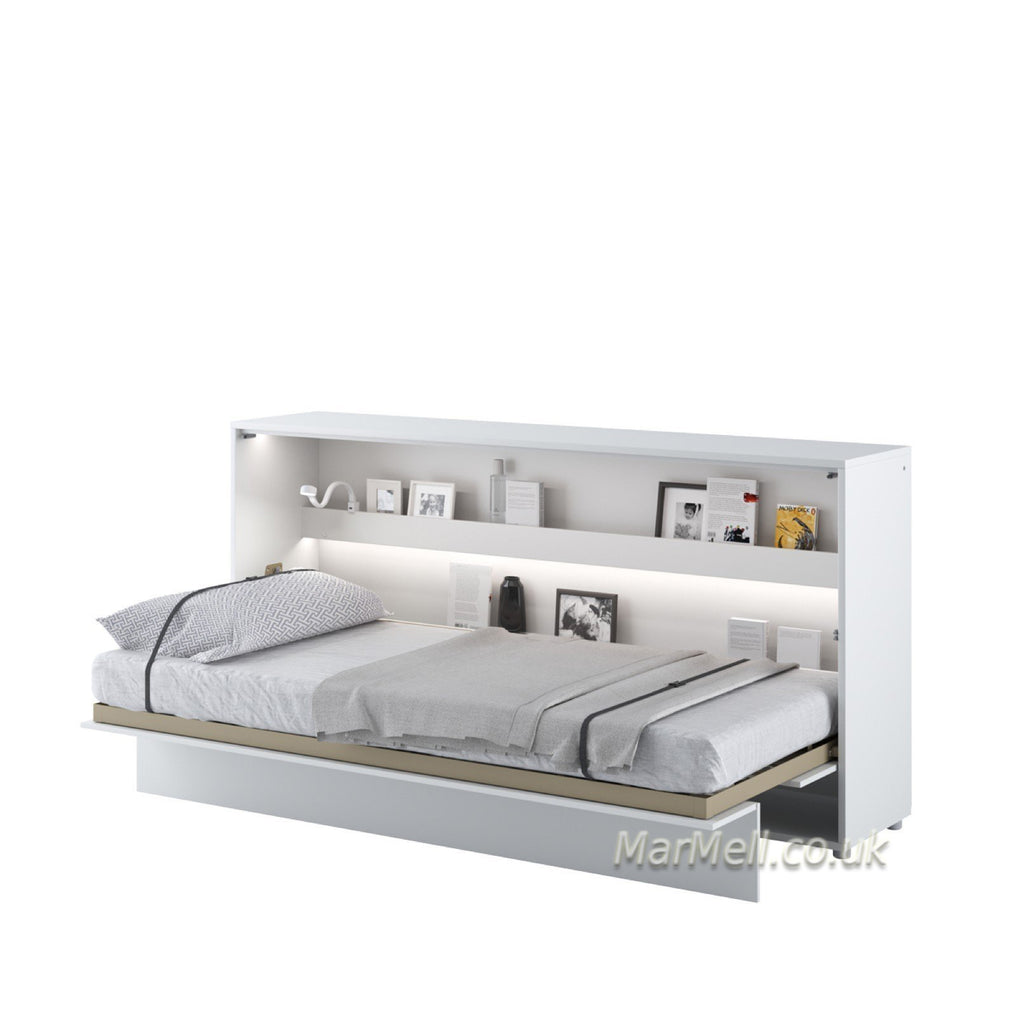 Wall bed open – White Matt front, mattress extended, internal shelves and duvet straps visible
