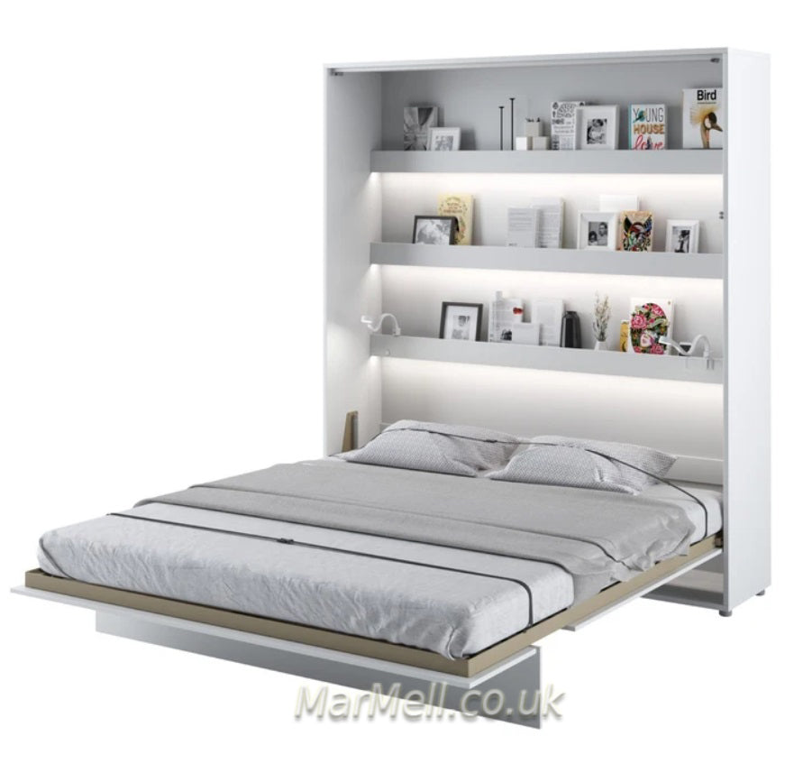 Wall bed open – White Matt front, mattress extended, shelves visible above sleeping area
