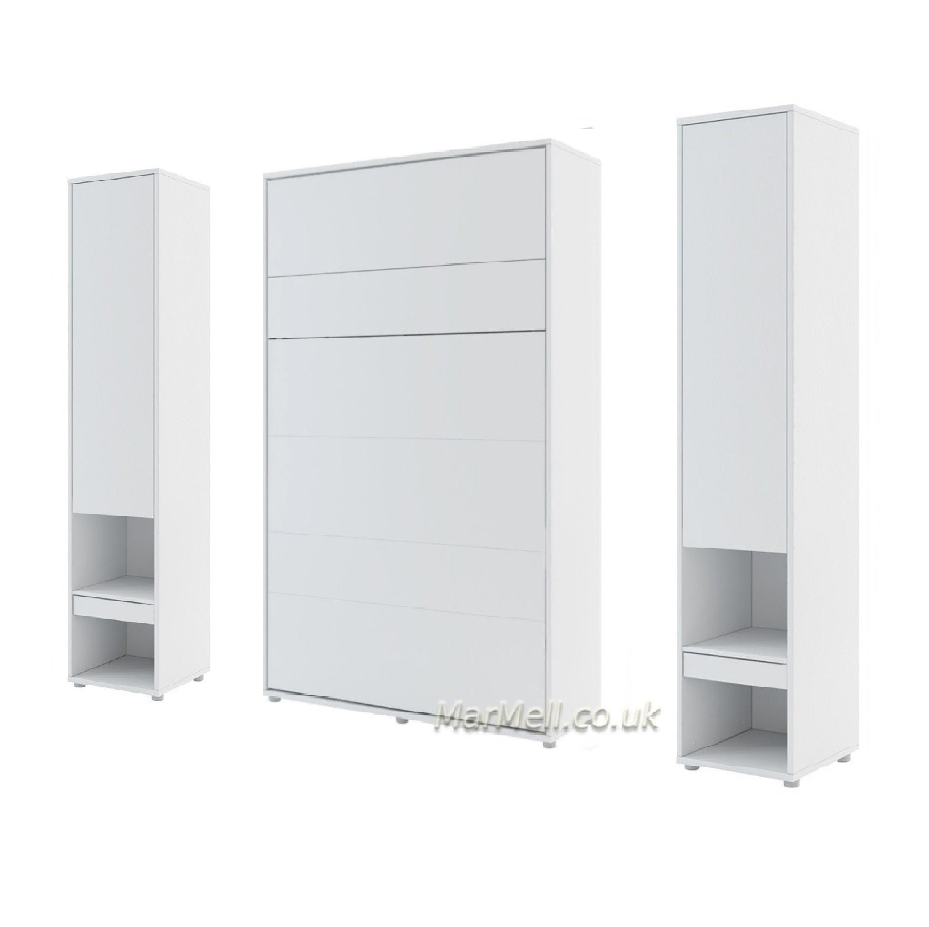 Small double vertical wall bed with 2 side cabinets – White Matt finish, closed position, minimalist look